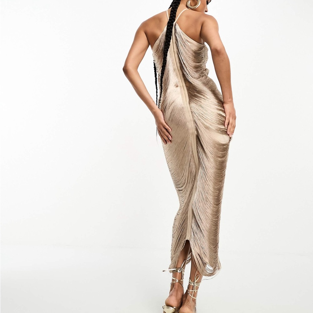 Rare London fringe detail halterneck midi dress in gold Size 10 NWT - Picture 2 of 5